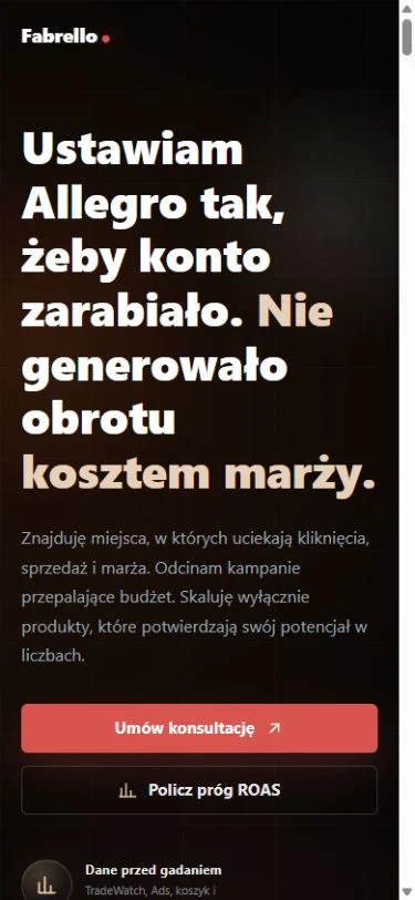Fabrello — rzeczywisty widok strony na telefonie