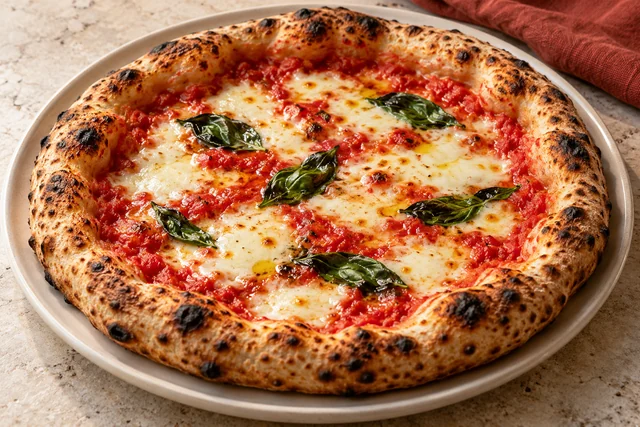 Koncepcyjne zdjęcie pizzy z pomidorami, mozzarellą i bazylią